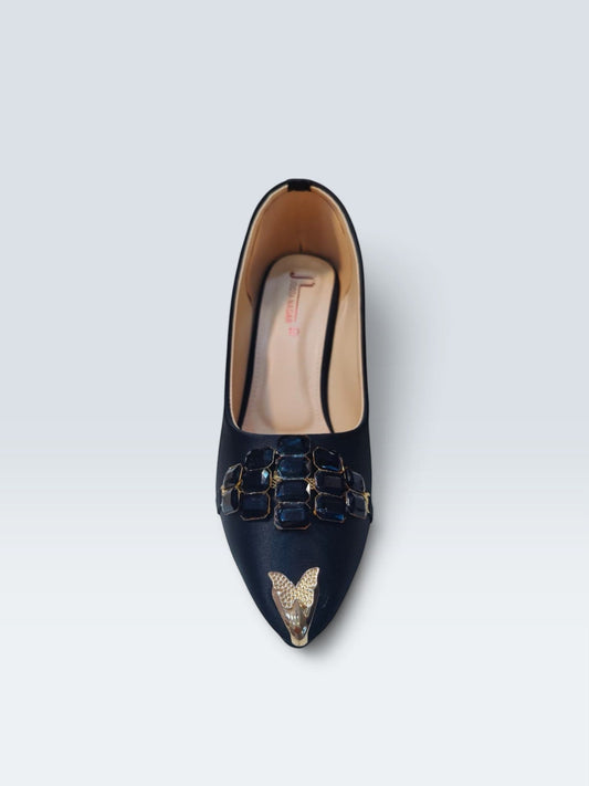 My Store 2 black satin pointed-toe pumps with dark jewel embellishments and a gold butterfly accent on the toe.