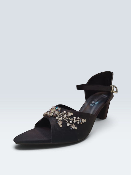 My Store 2 black satin block heel sandals with crystal and faux pearl embellishments and an ankle strap