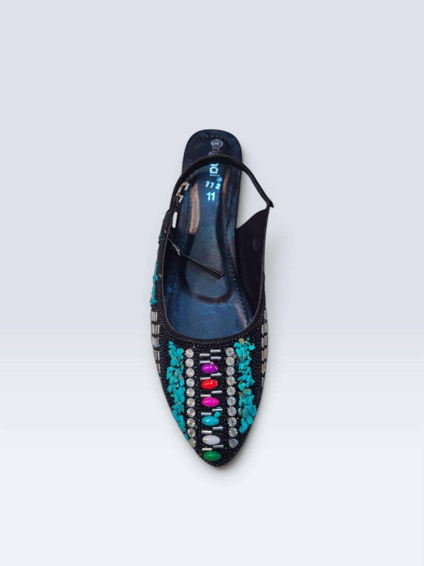 My Store 2 black slingback block heel sandals with turquoise stones, colorful beads, and crystals on a pointed toe.