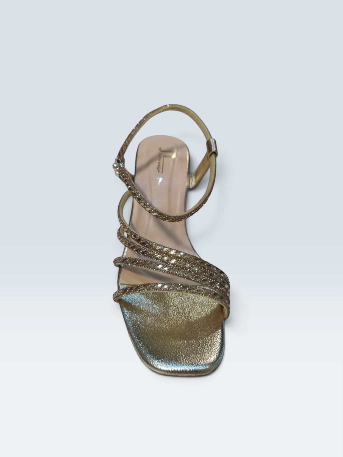 My Store 2 gold metallic strappy evening sandals with a square toe and shimmering multi-strap design.