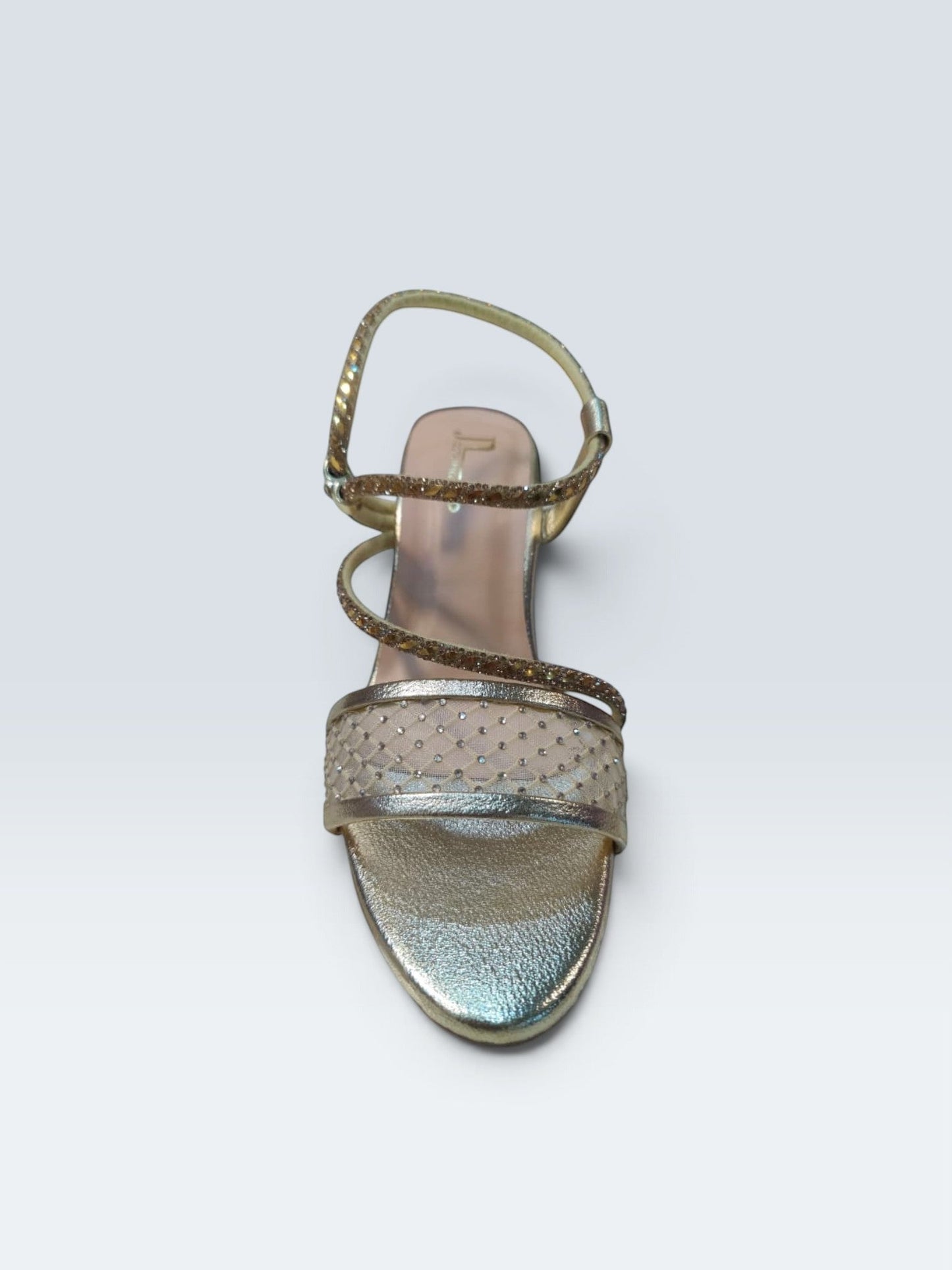 My Store 2 gold metallic evening sandals with rhinestone-embellished mesh lattice toe strap and adjustable ankle strap.