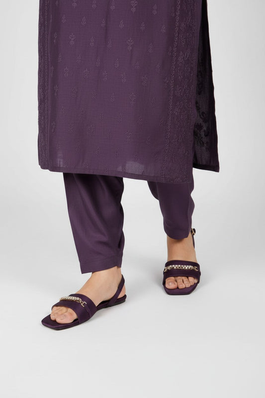 My Store 2 purple flat sandals with gold crystal chain detail worn with matching purple trousers