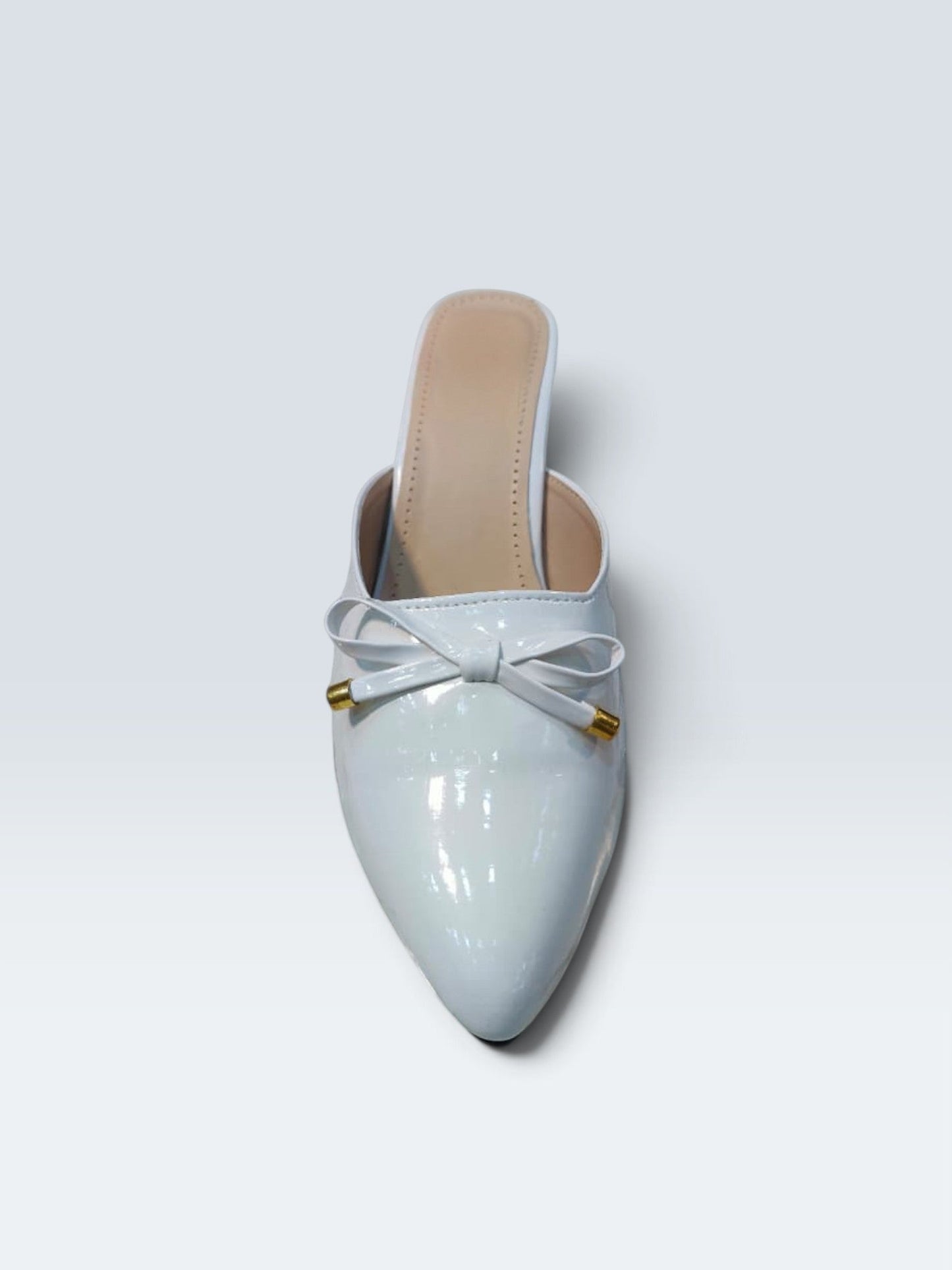 My Store 2 white patent leather-look pointed-toe mule sandals with a bow detail and gold-toned hardware.