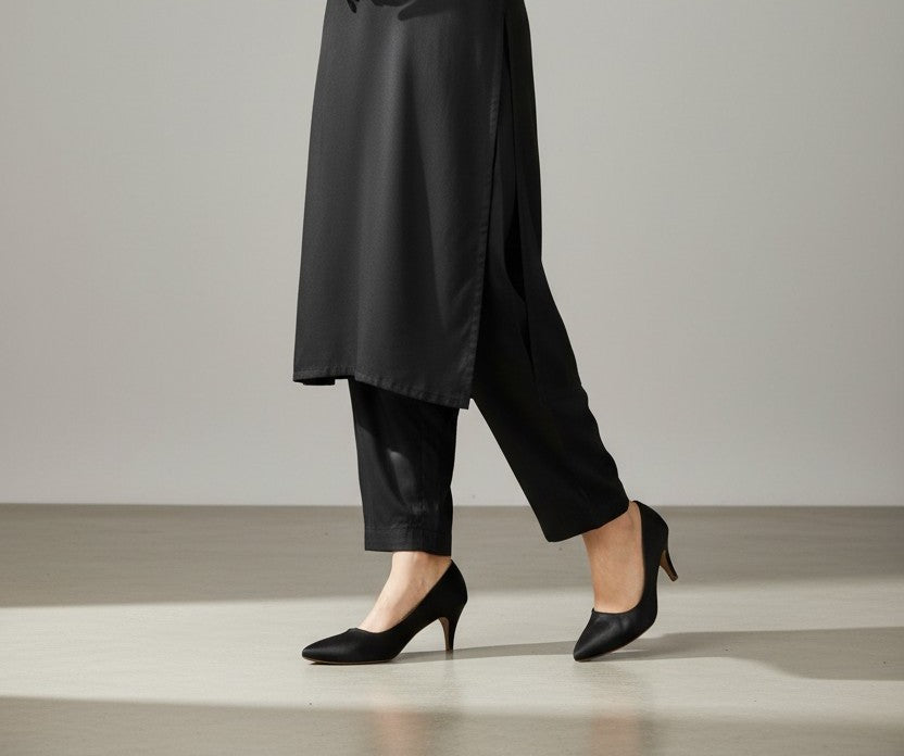 Black Satin Kitten Heel Pumps | Pointed Toe Formal & Party Shoes