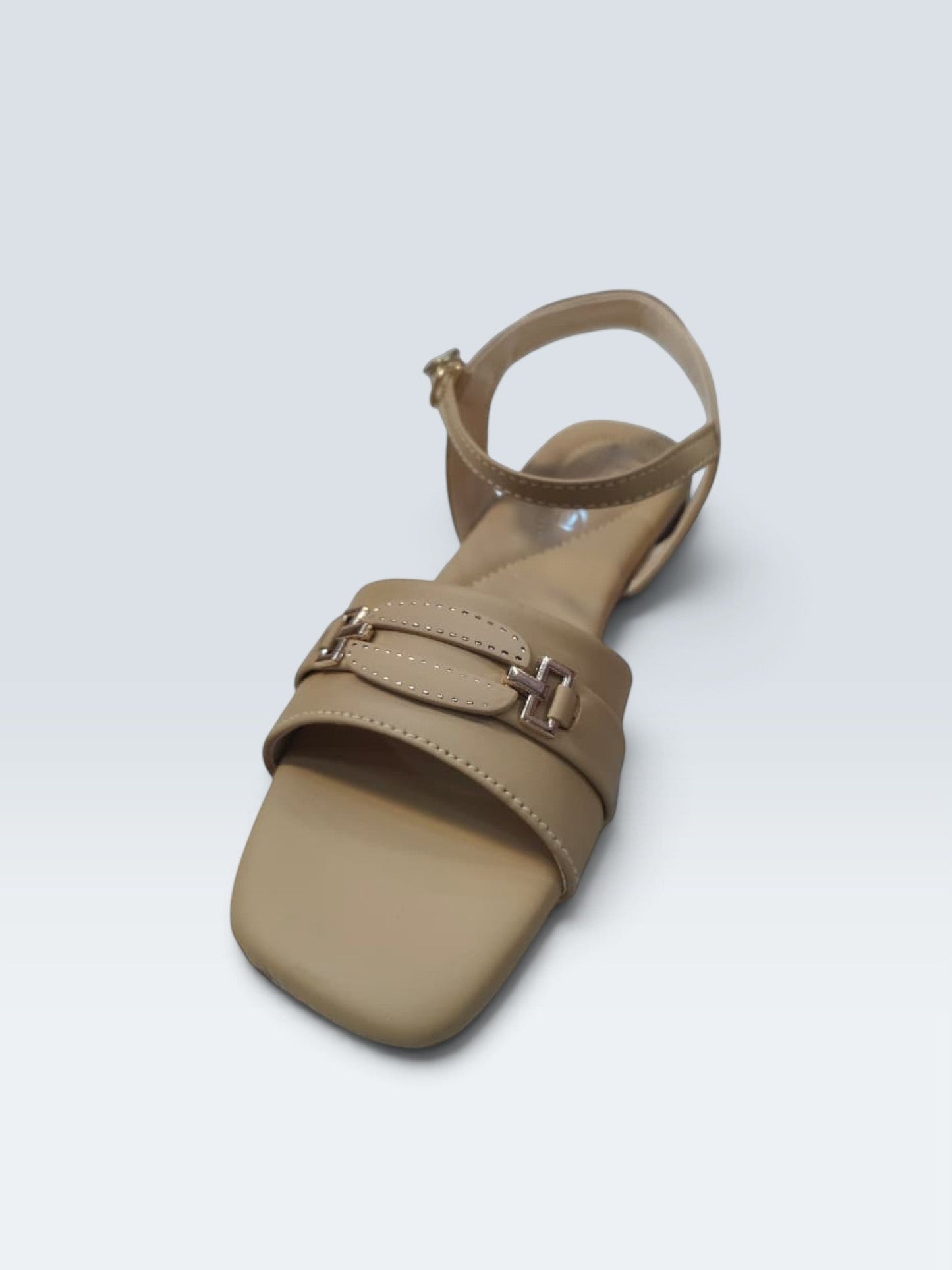My Store 2 beige square-toe flat sandals with ankle strap and metallic buckle detail in synthetic leather