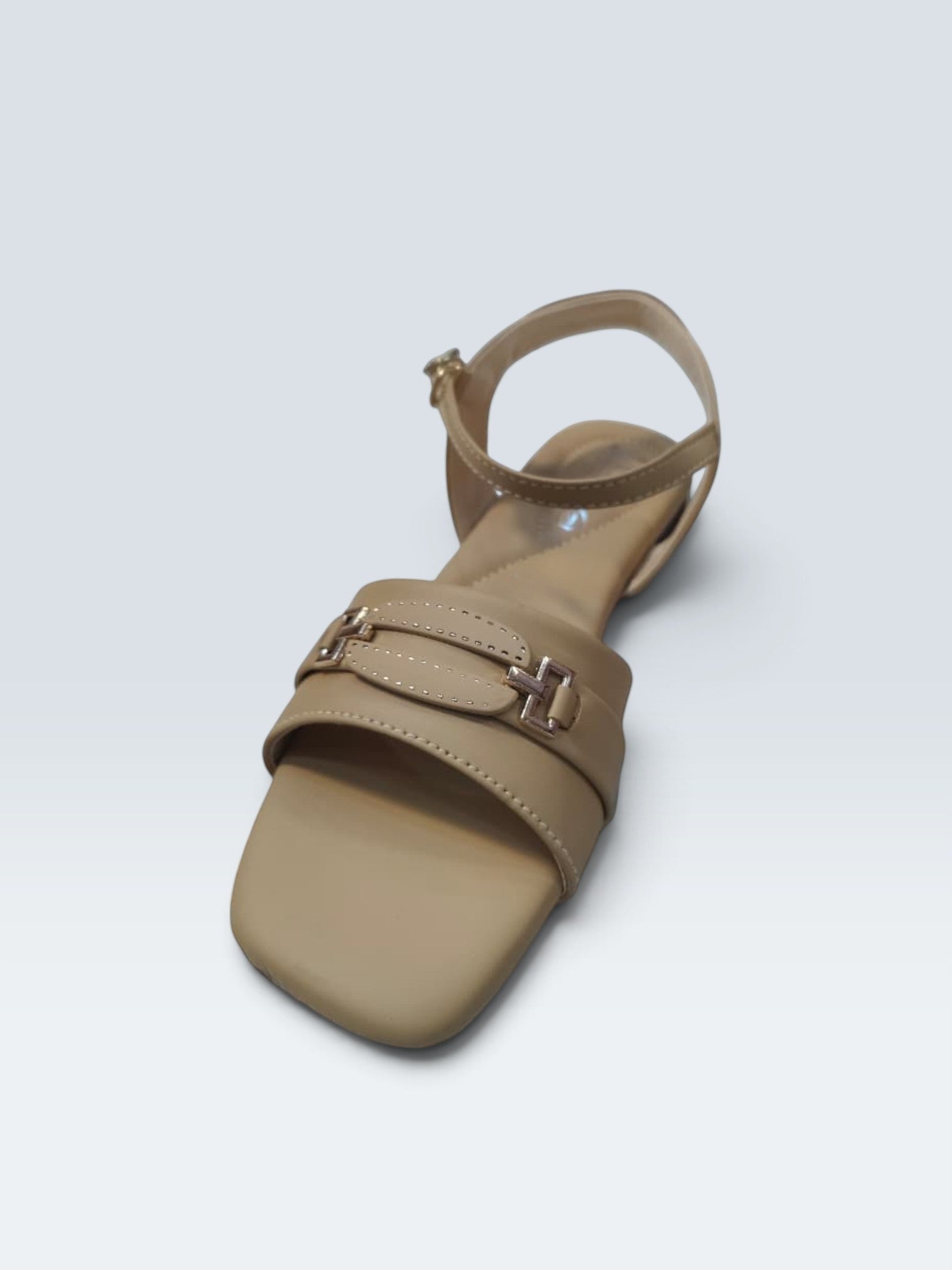 My Store 2 beige square-toe flat sandals with ankle strap and metallic buckle detail in synthetic leather