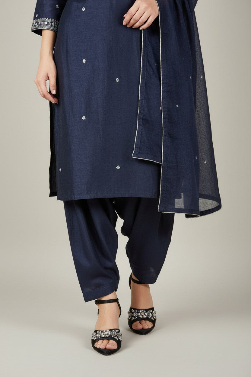 My Store 2 black satin block heel sandals with crystal and faux pearl embellishments worn with a navy blue salwar suit