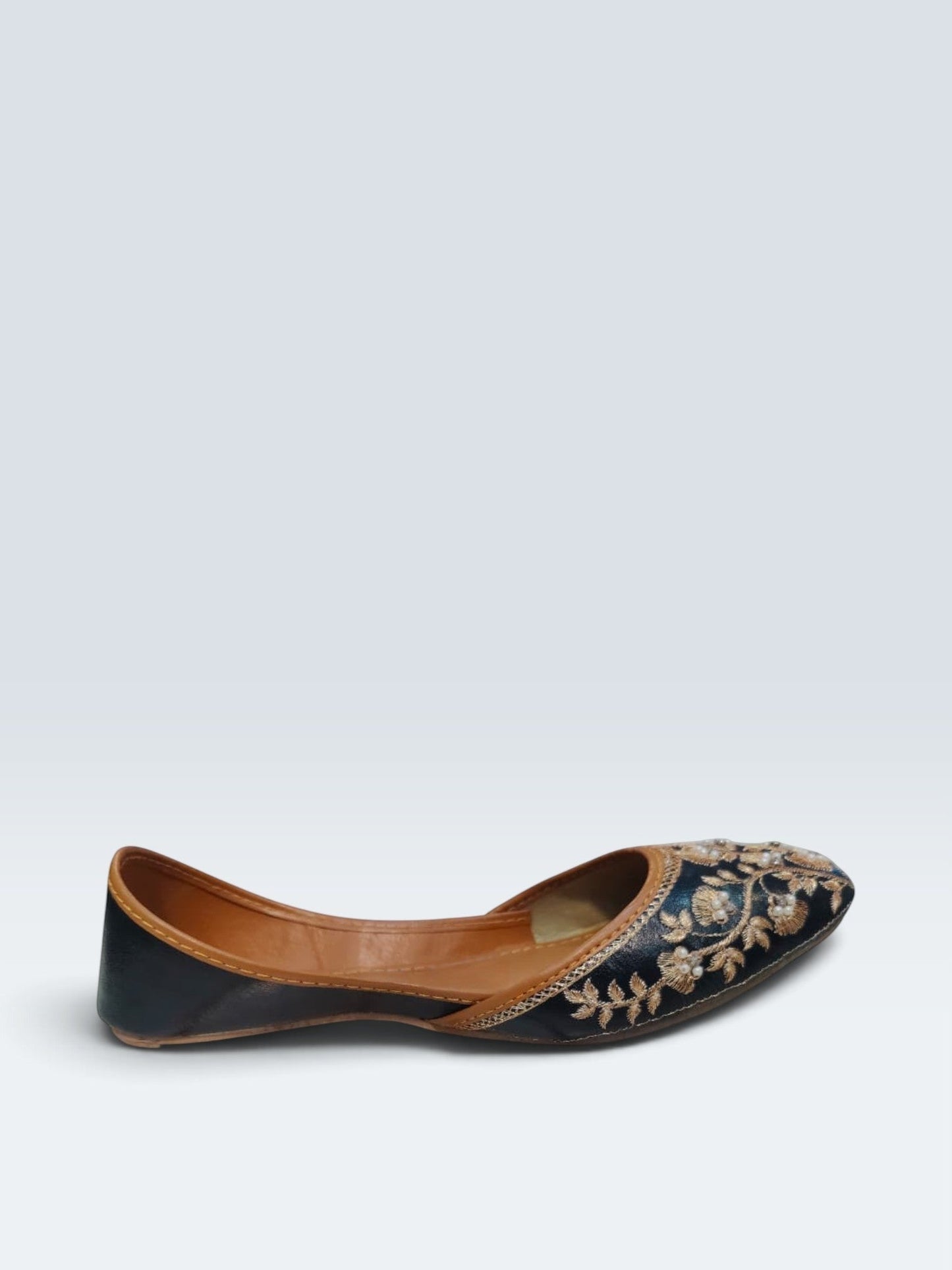 My Store 2 black handcrafted jutti flats with intricate gold floral embroidery and pearl embellishments