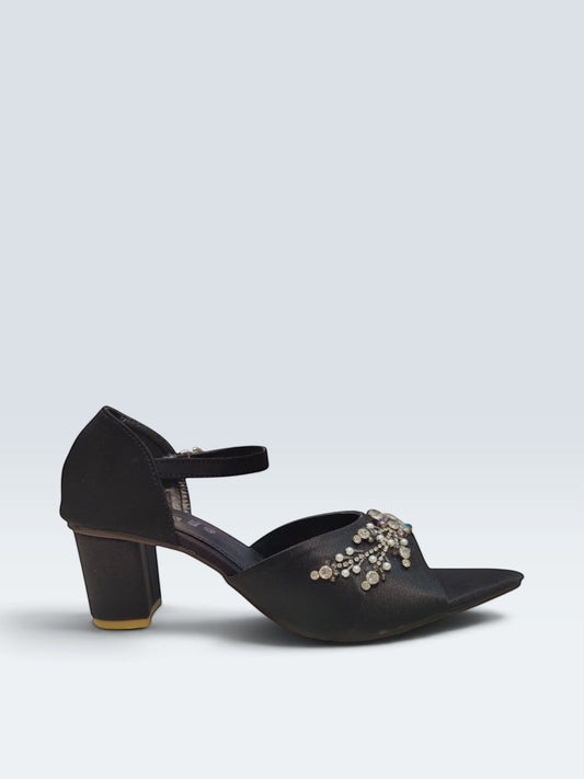 My Store 2 black satin block heel sandals with crystal and pearl embellishments and an adjustable ankle strap.