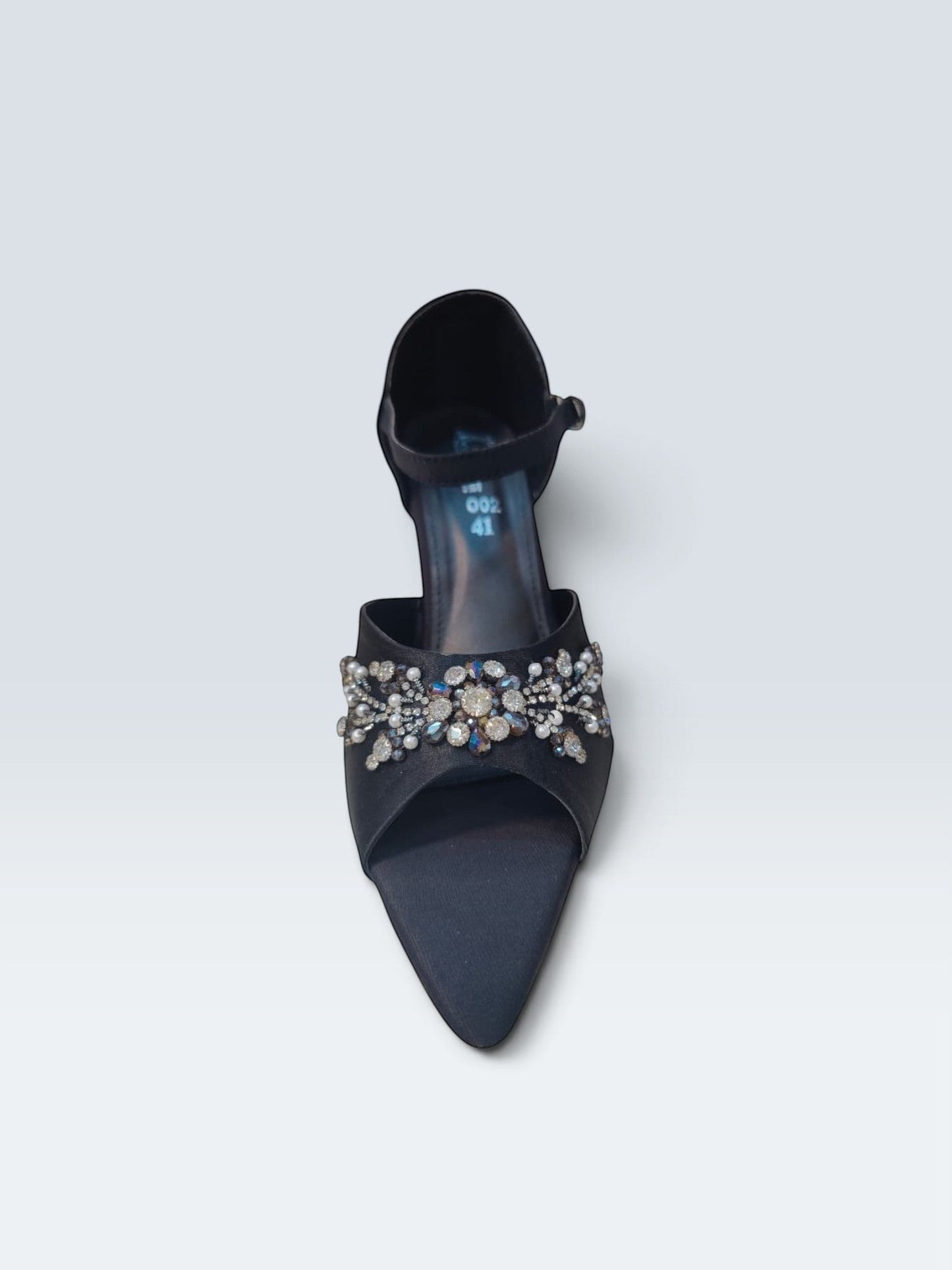 My Store 2 black satin block heel sandals featuring an embellished front strap with crystals and faux pearls.