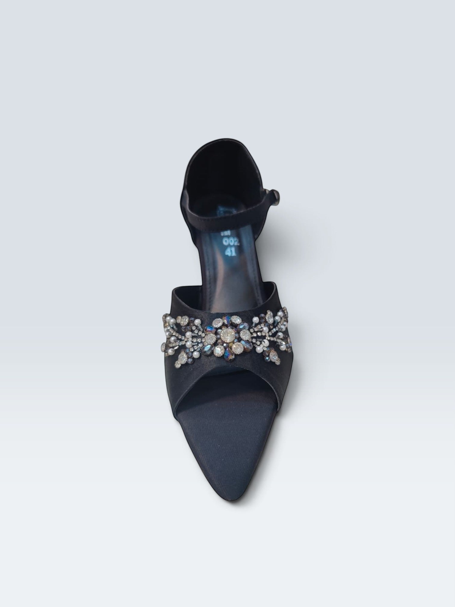 My Store 2 black satin block heel sandals featuring an embellished front strap with crystals and faux pearls.