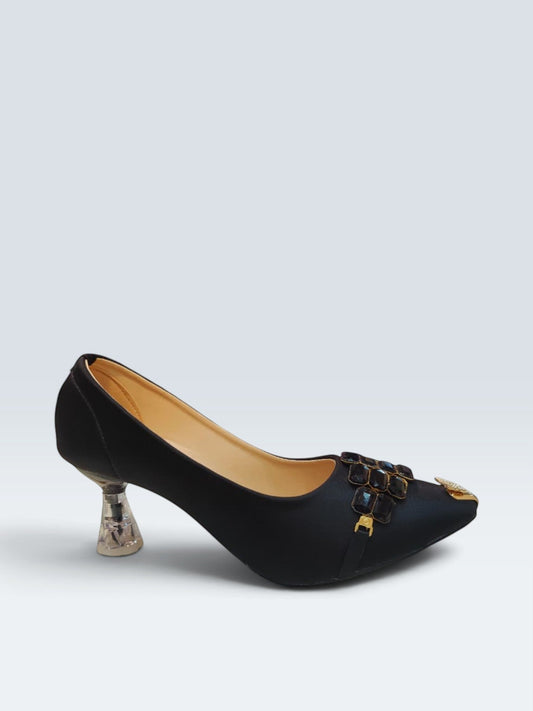 My Store 2 black satin stiletto pumps with jeweled embellishments, gold butterfly accent, and clear sculptural heel.