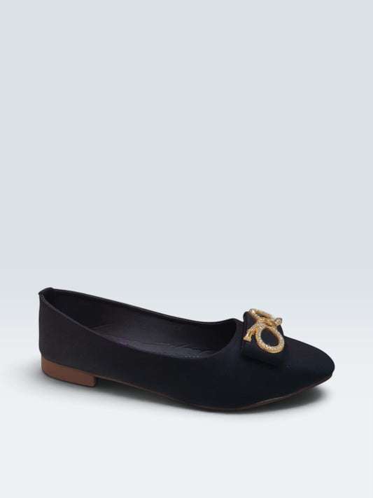 My Store 2 black satin pointed-toe ballet flats featuring a glamorous crystal-embellished bow detail.
