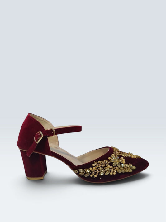 My Store 2 deep burgundy velvet block heel sandals with gold crystal floral embellishments and ankle strap