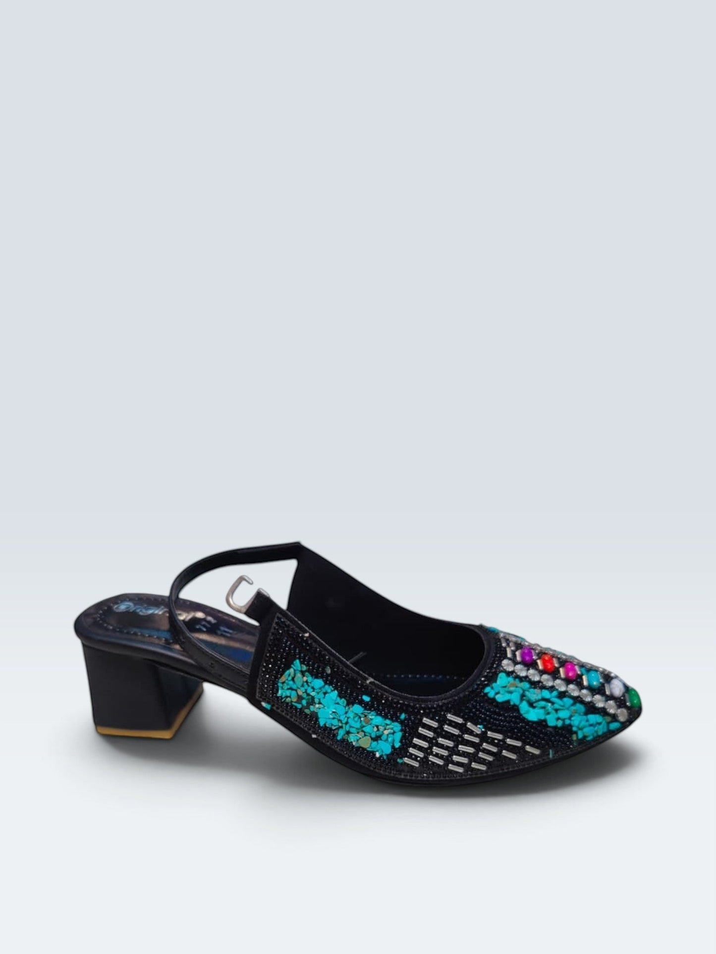My Store 2 black slingback block heel sandals with turquoise stones, crystals, and beads on a pointed toe