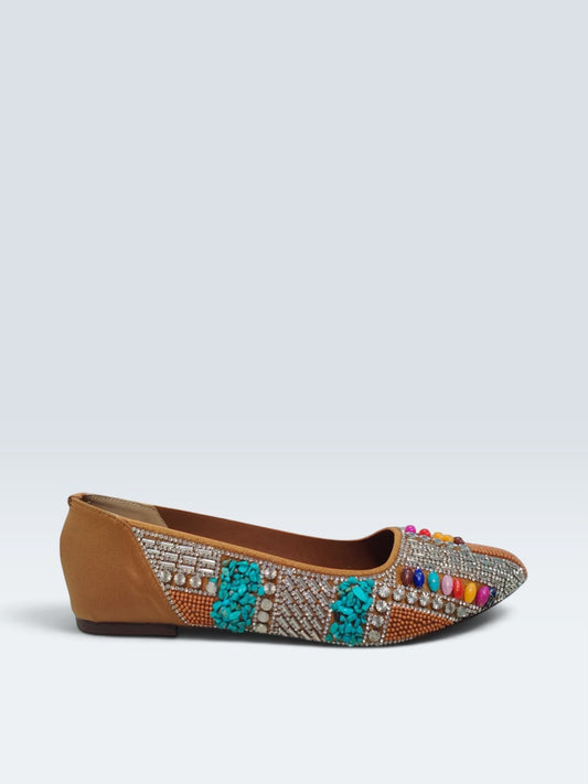 My Store 2 tan embellished flats with turquoise stones, crystals, and colorful beads for festive ethnic wear.
