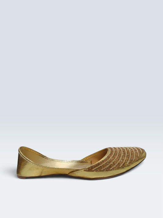 My Store 2 gold embellished traditional jutti flats with intricate beadwork and embroidery for festive occasions