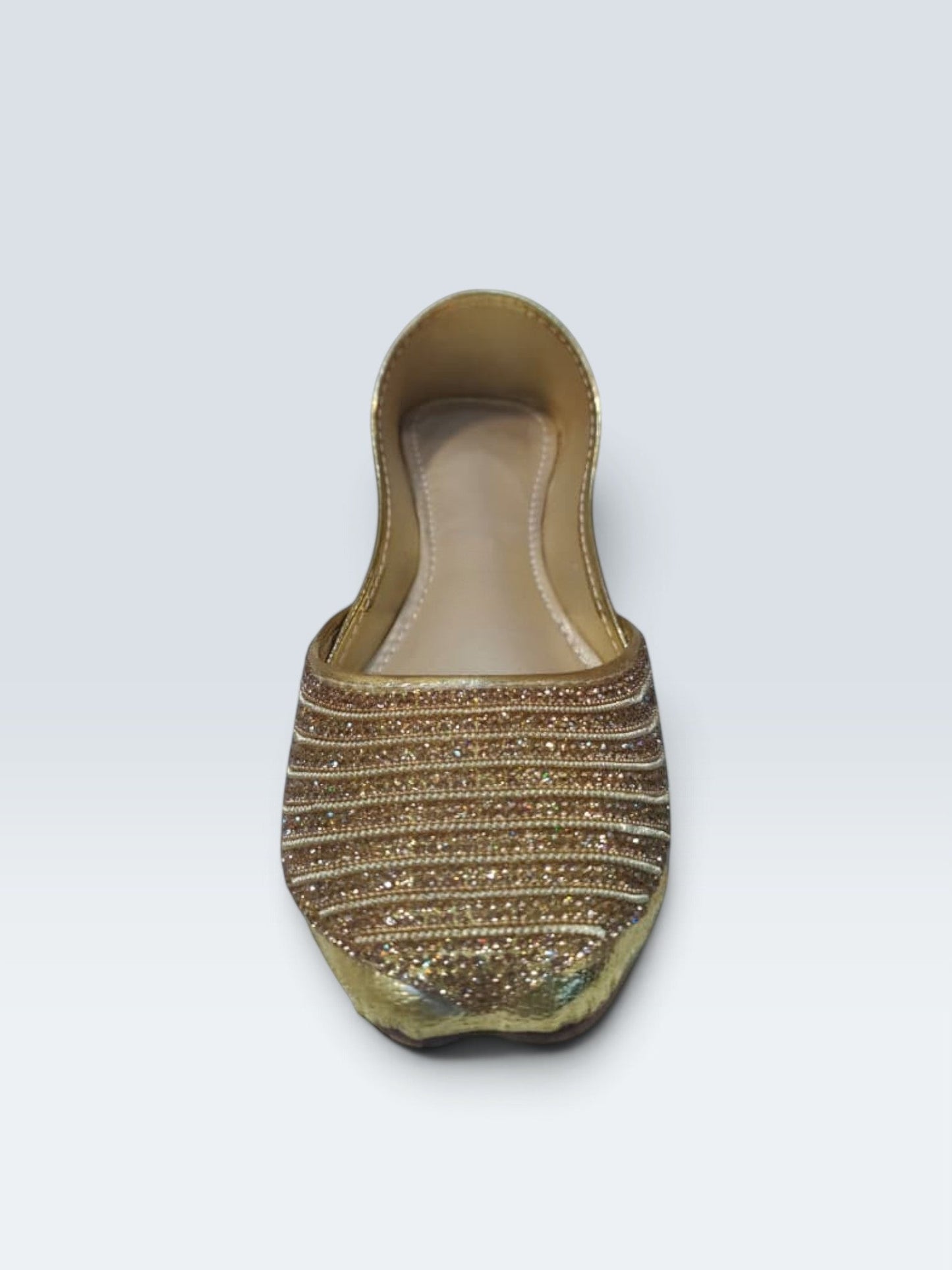 My Store 2 gold embellished traditional jutti flats with intricate horizontal beadwork and sparkling embroidery.