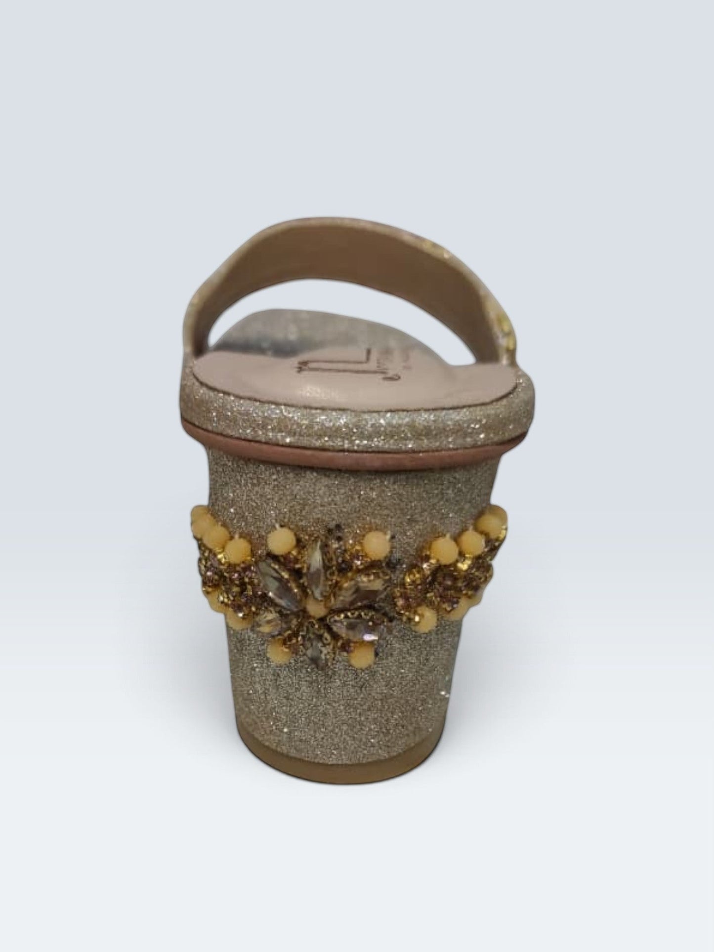 My Store 2 gold glitter block heel slide sandals featuring crystal and cream bead embellishments on the heel.