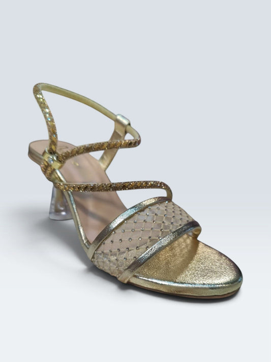 My Store 2 gold metallic evening sandals with rhinestone mesh lattice, adjustable ankle strap, and clear low heel.
