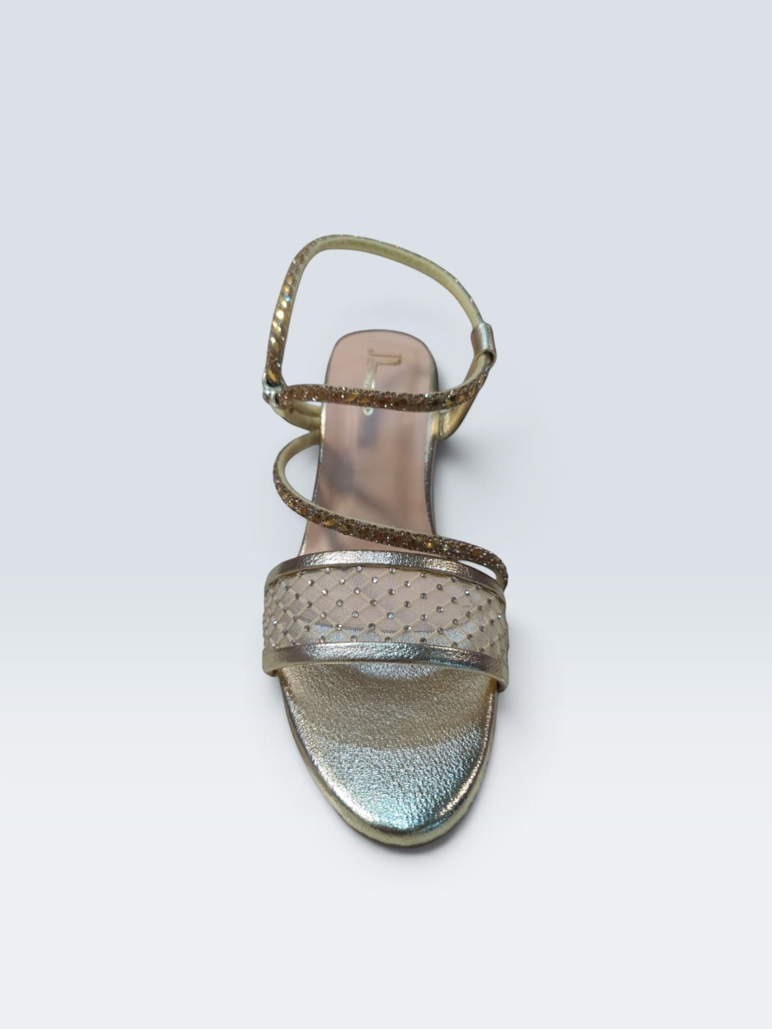 My Store 2 gold metallic evening sandals with rhinestone-embellished mesh lattice toe strap and adjustable ankle strap.