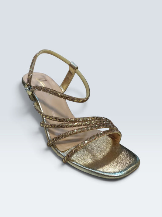 My Store 2 gold metallic strappy evening sandals with a square toe and shimmering multi-strap design.