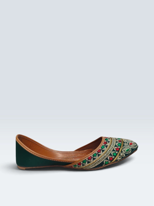 My Store 2 deep green traditional juttis with intricate multi-colored embroidery and gold threadwork details.