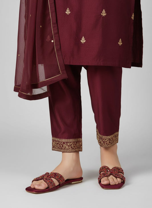 My Store 2 maroon embellished bow slides paired with matching embroidered trousers for a festive look