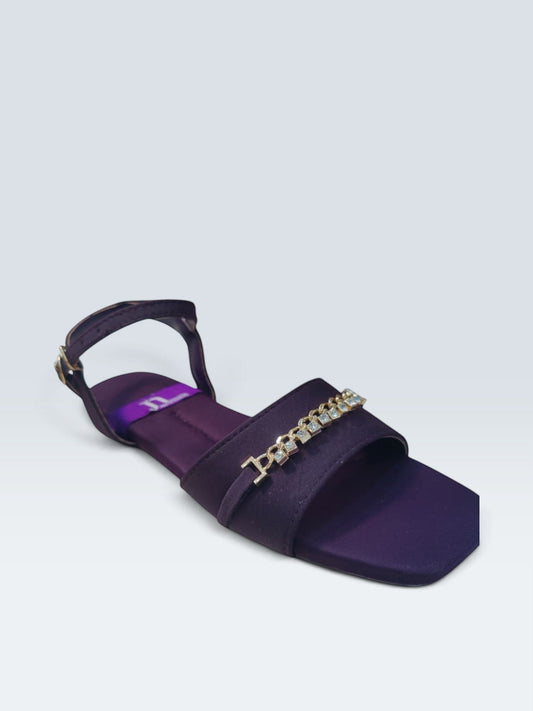 My Store 2 deep purple satin flat sandals with a square toe, gold chain, and crystal embellishment on the front strap.
