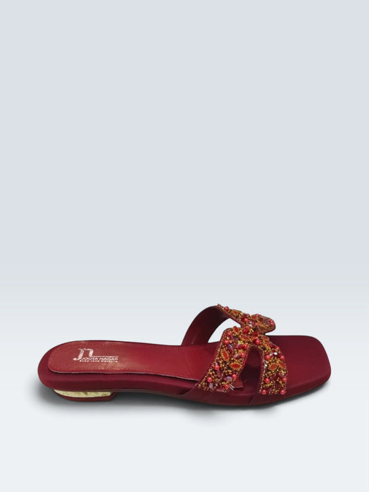 My Store 2 deep red satin flat sandals with a square toe and intricate beaded crystal embellishments on the strap.
