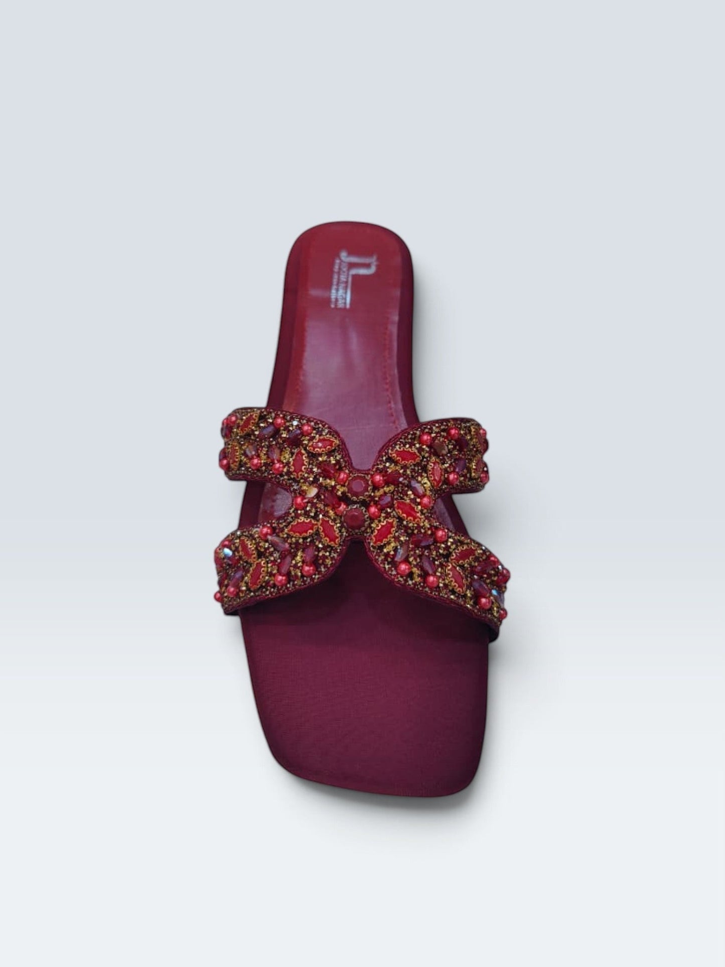 My Store 2 deep red satin flat sandals with square toe and intricate crystal and bead embellished strap
