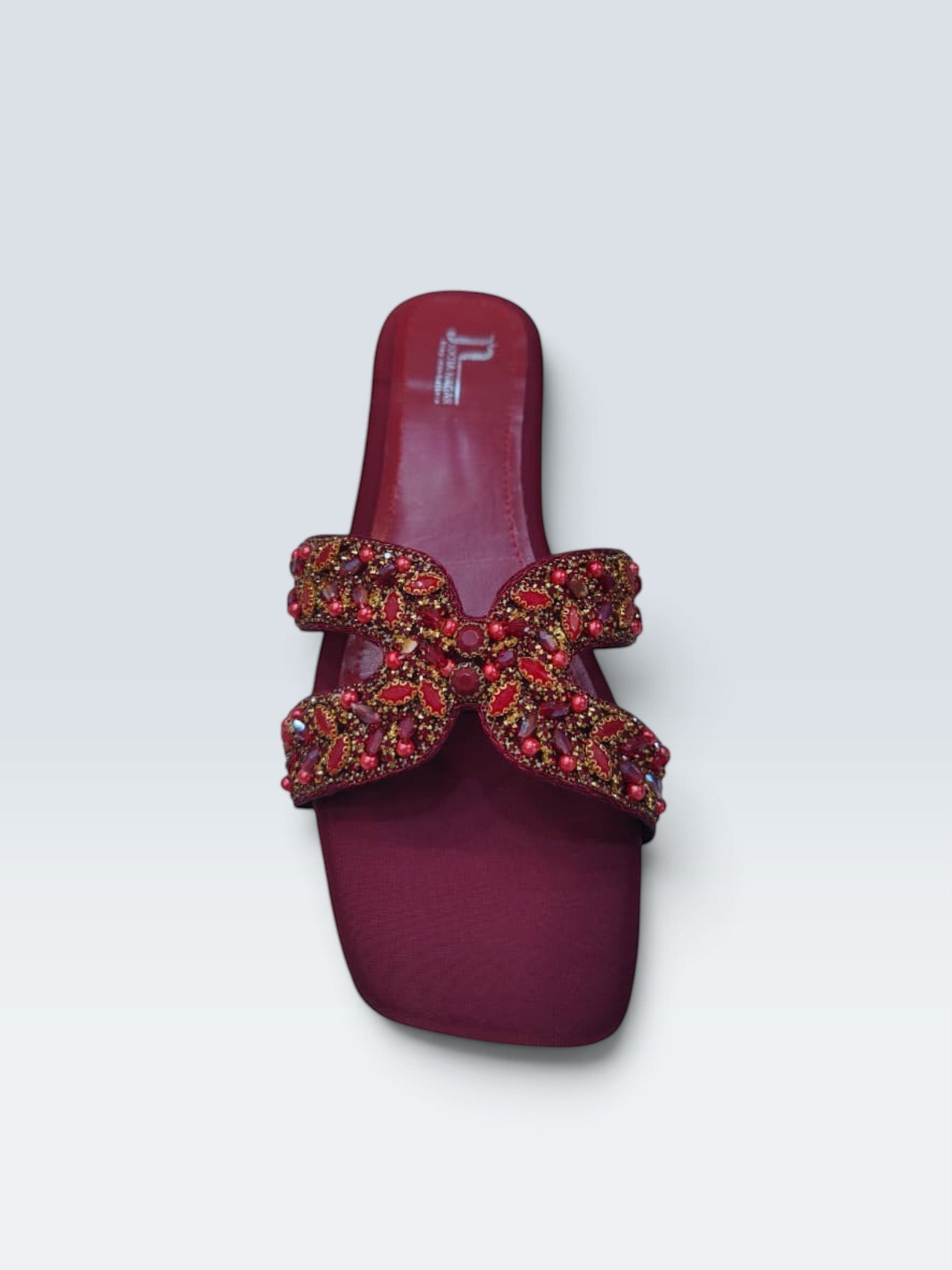 My Store 2 deep red satin flat sandals with square toe and intricate crystal and bead embellished strap