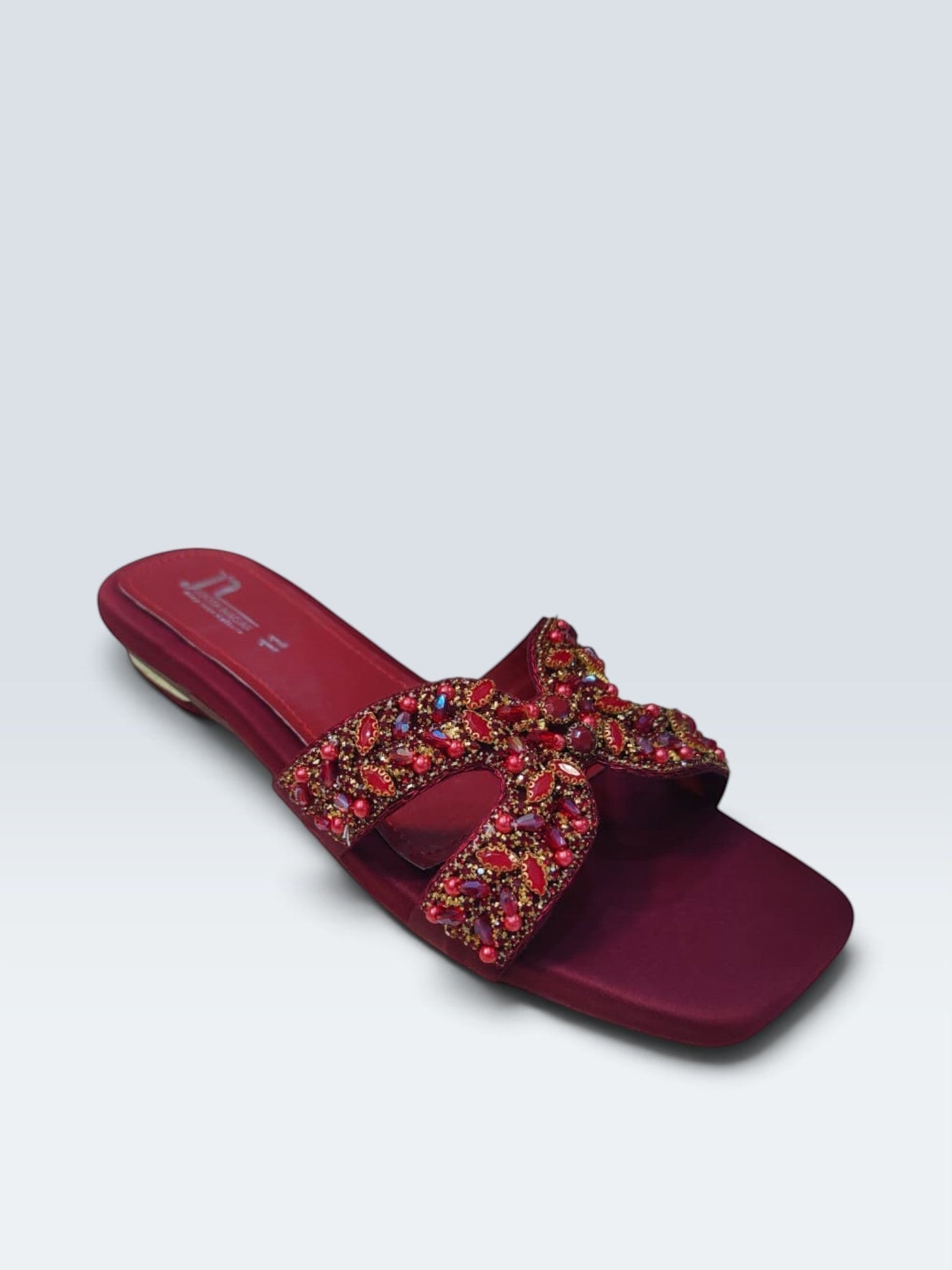 My Store 2 deep red satin flat sandals with square toe and intricate crystal and bead embellishments on the strap