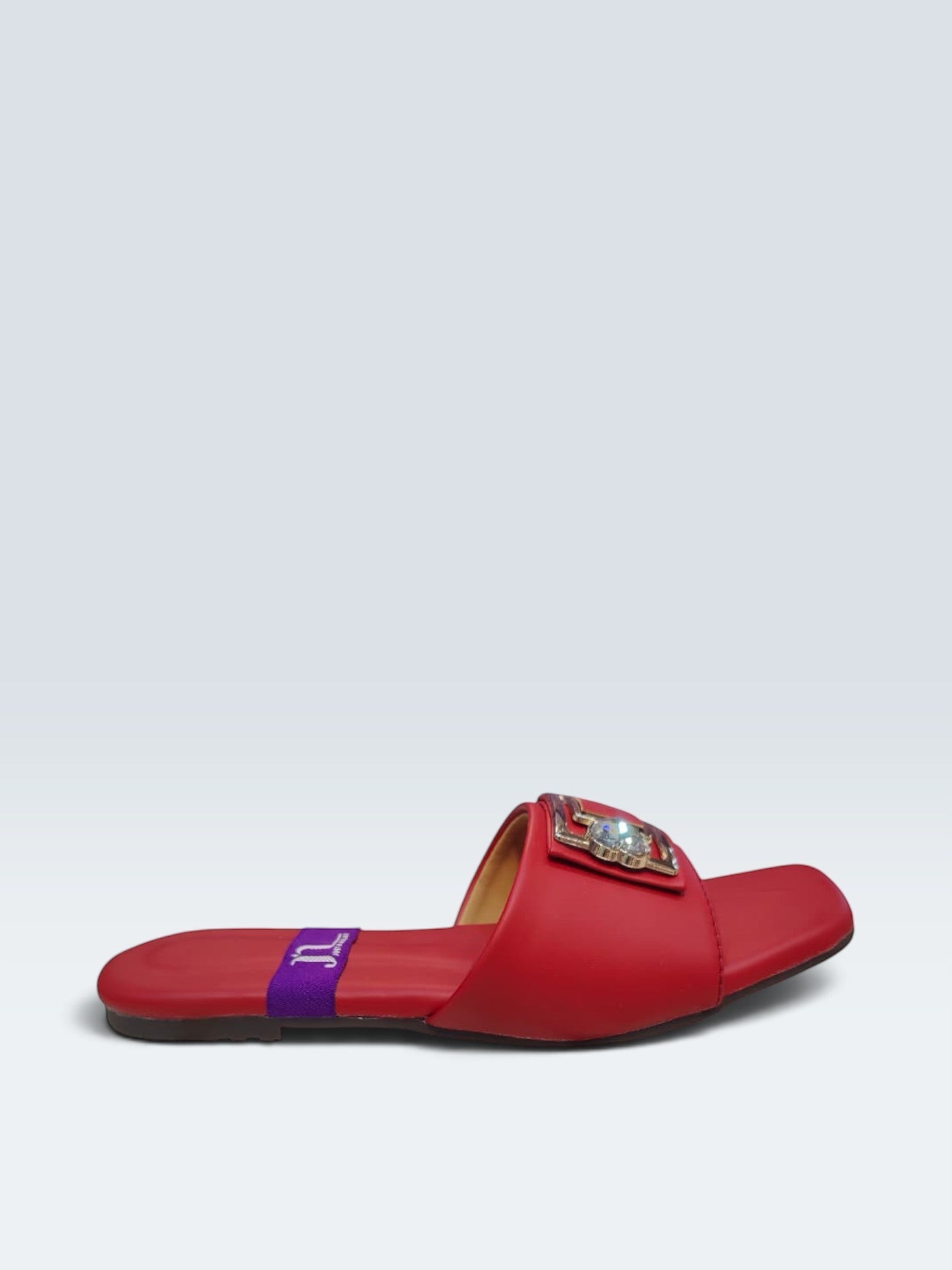 My Store 2 red flat slide sandals featuring a gold-toned buckle and sparkling crystal embellishment