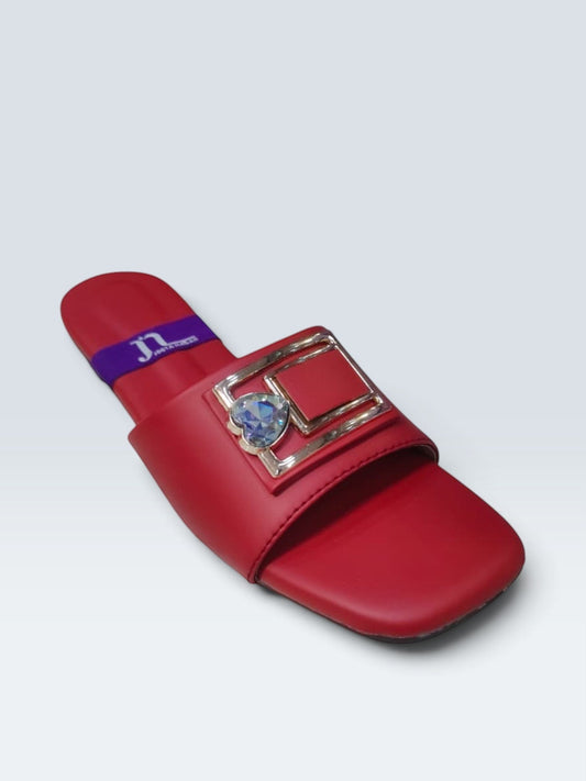 My Store 2 red flat slide sandals featuring a gold buckle and a sparkling heart-shaped crystal embellishment
