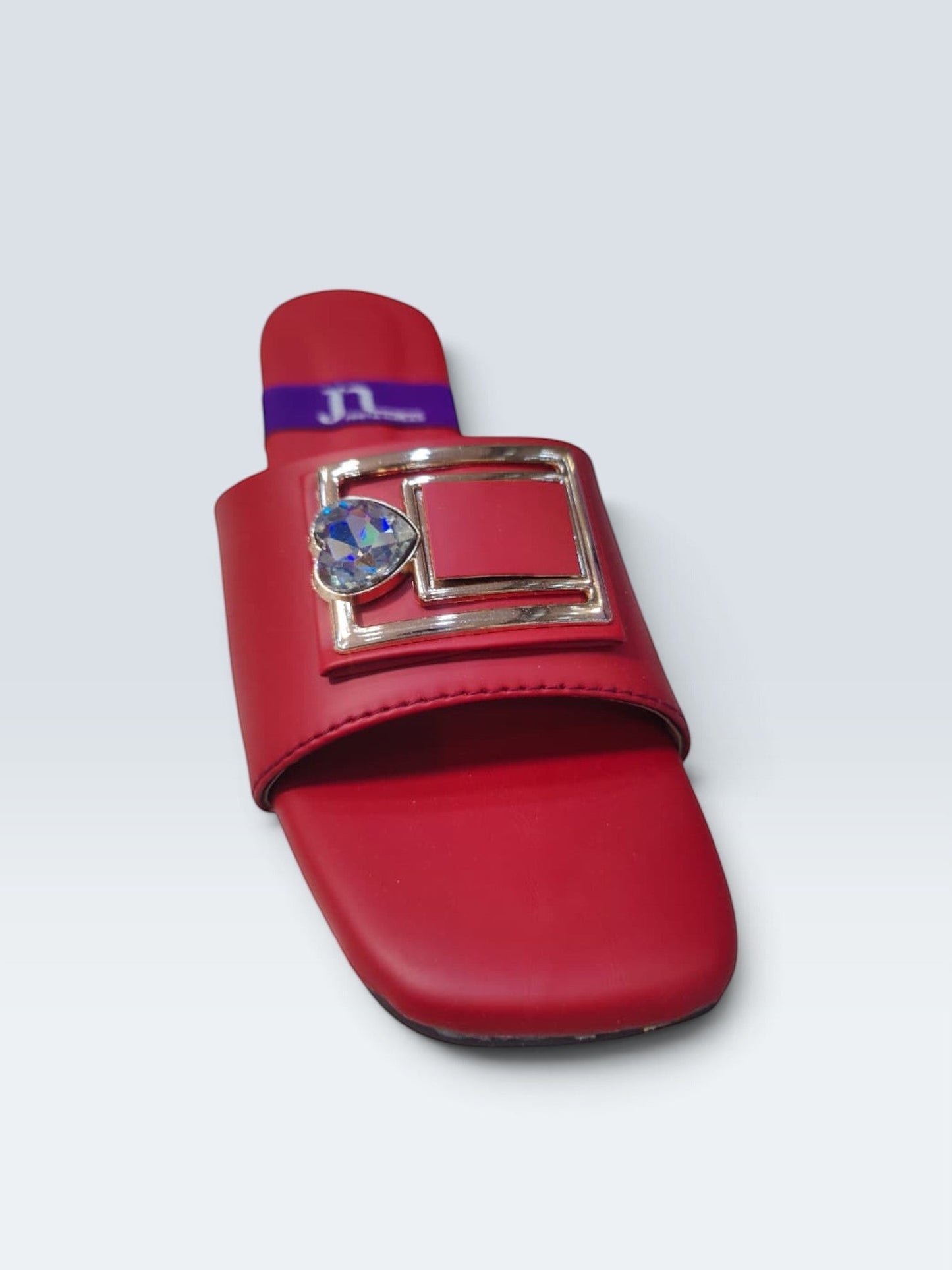 My Store 2 red slide sandals with a gold-toned buckle and sparkling heart-shaped crystal embellishment