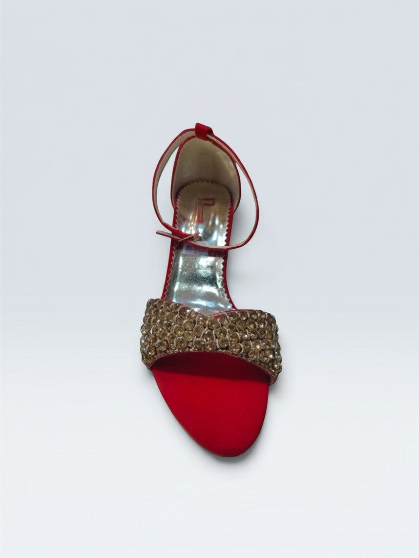 My Store 2 red velvet block heel sandals with a gold rhinestone-encrusted front strap and adjustable ankle buckle.