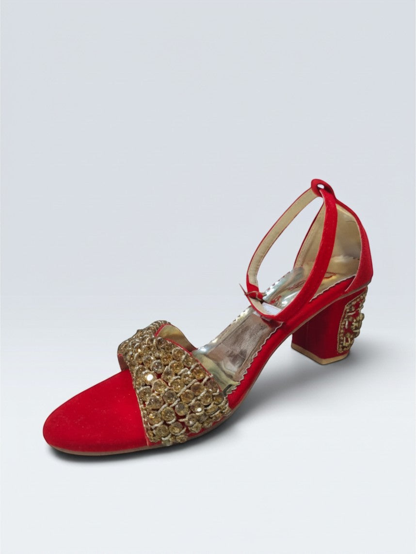 My Store 2 red velvet block heel sandals with gold rhinestone embellished straps and heel for special occasions.