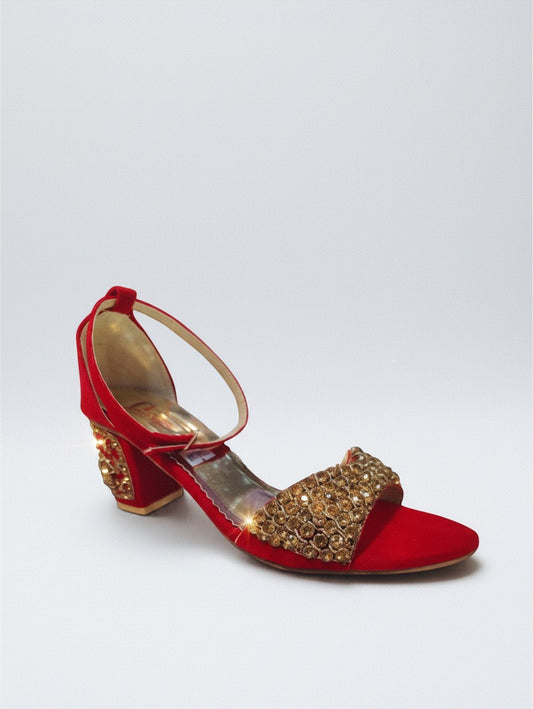 My Store 2 red velvet block heel sandals with gold rhinestone embellished straps and ankle buckle closure