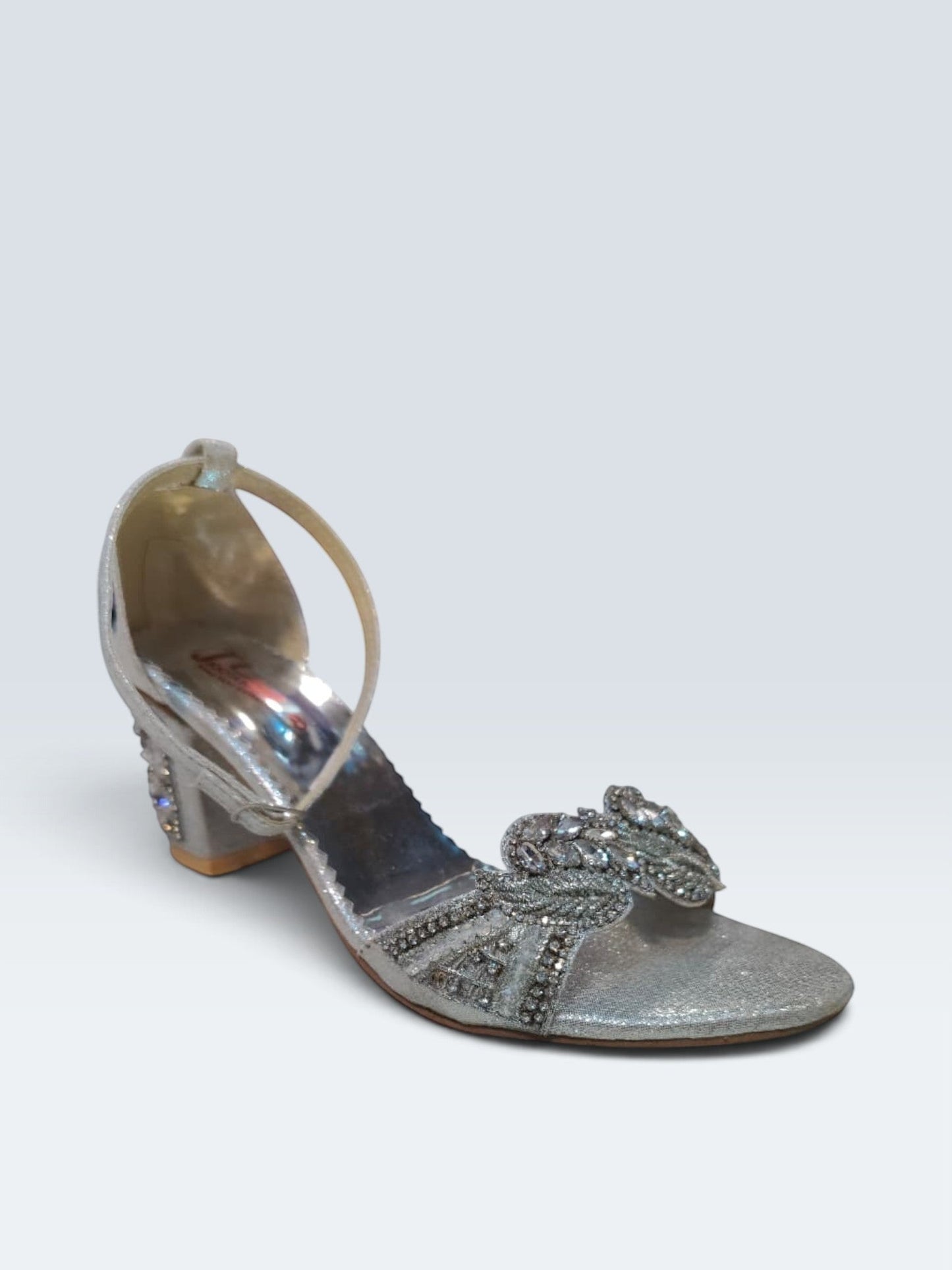 My Store 2 silver embellished block heel sandals with crystal beadwork on the front strap and heel