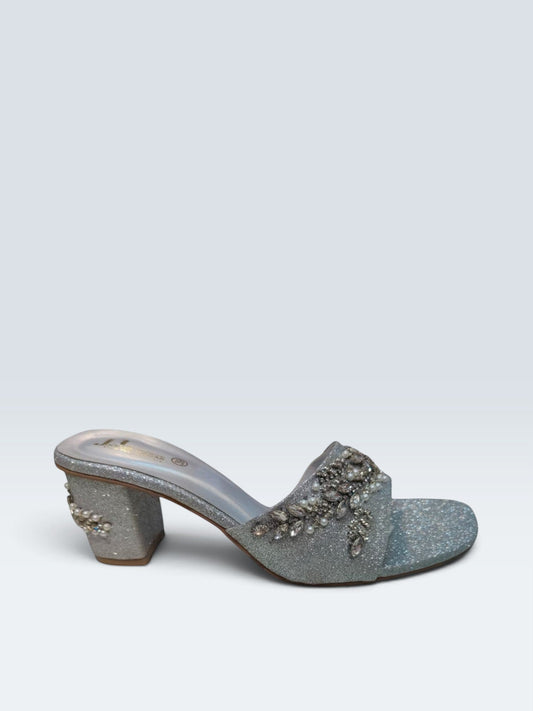 My Store 2 silver glitter block heel sandals with faux pearl and crystal embellishments on the strap and heel.
