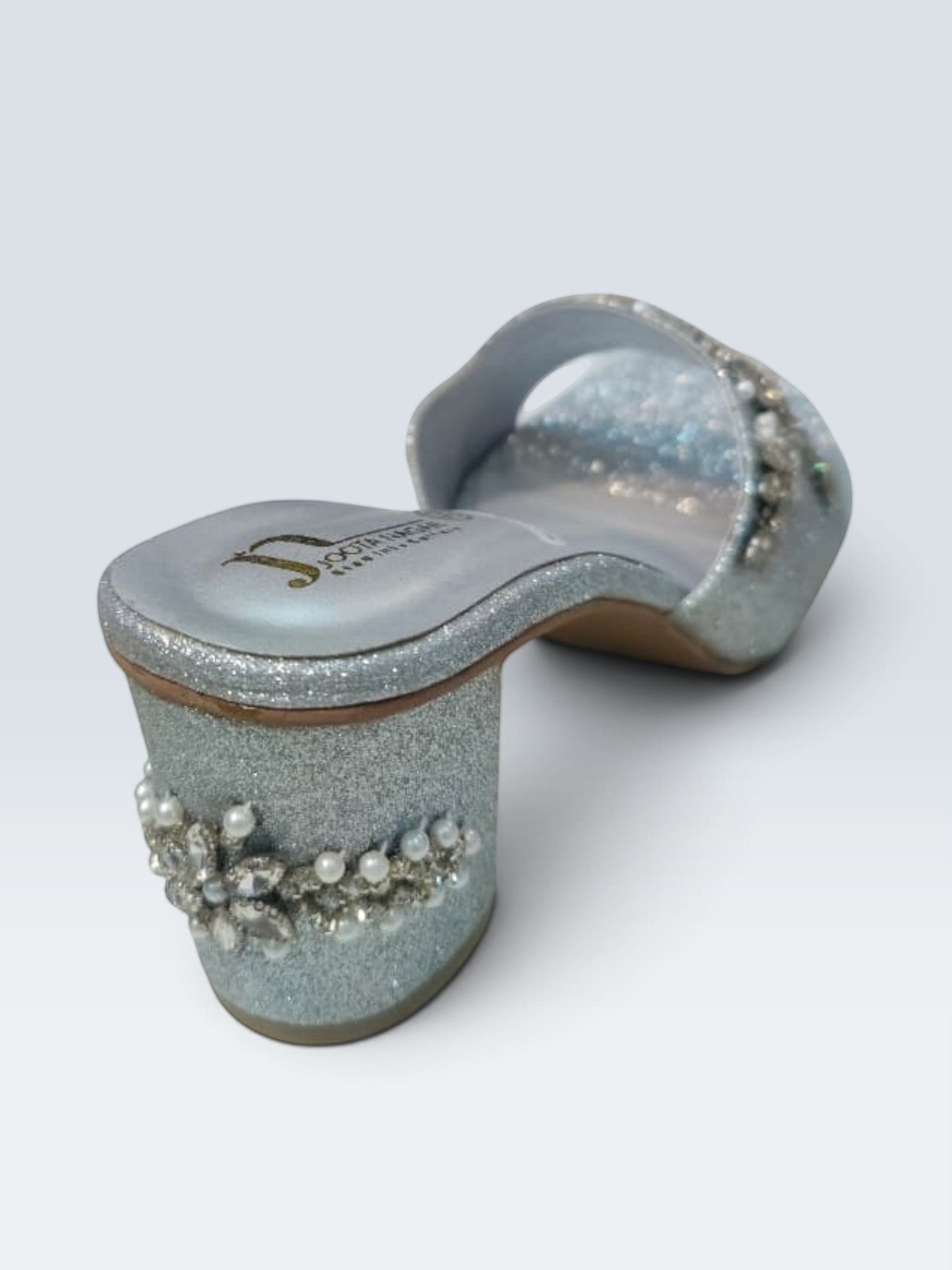 My Store 2 silver glitter block heel sandals with crystal and faux pearl embellishments on the heel and front strap.