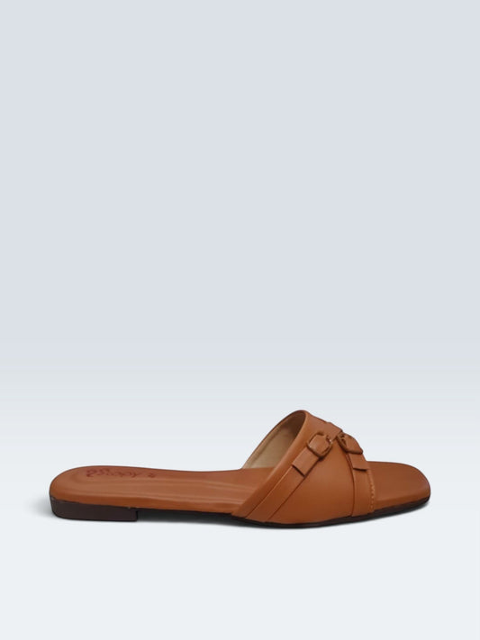My Store 2 tan synthetic leather flat slide sandals with double straps, adjustable buckles, and a square-toe design.