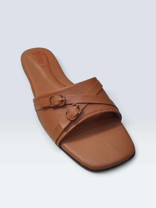 My Store 2 tan synthetic leather flat slide sandals with a square toe and double adjustable buckle straps.