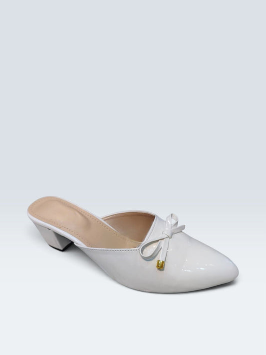 My Store 2 white patent leather-look pointed-toe mule sandals with a low block heel and a decorative bow detail.