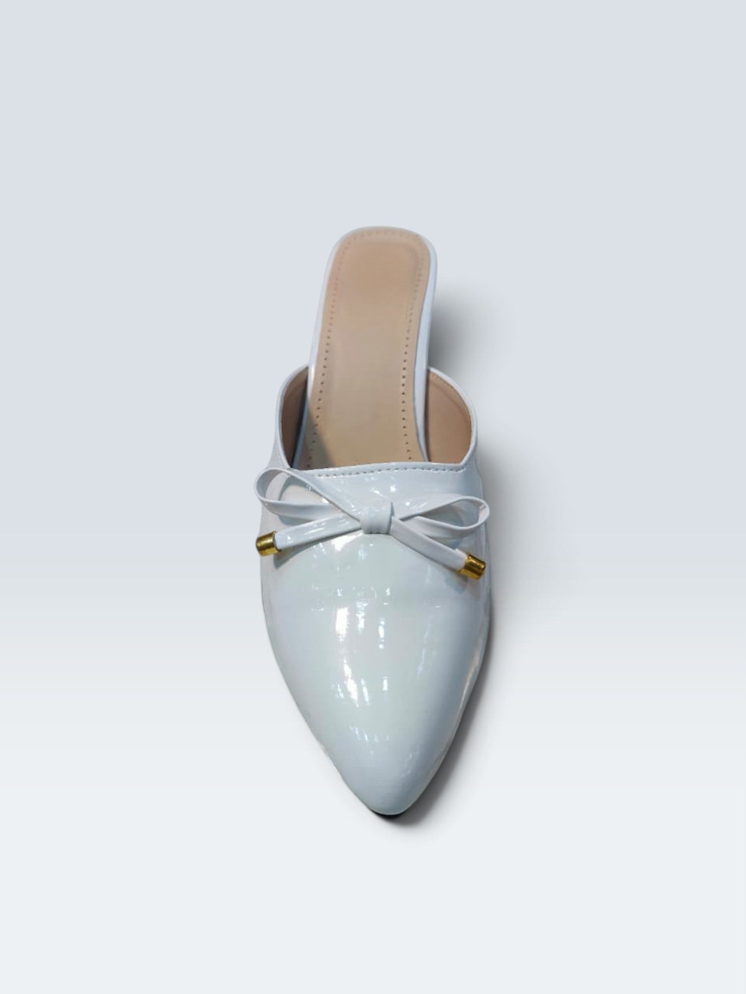 My Store 2 white patent leather-look pointed-toe mule sandals with a bow detail and gold-toned hardware.